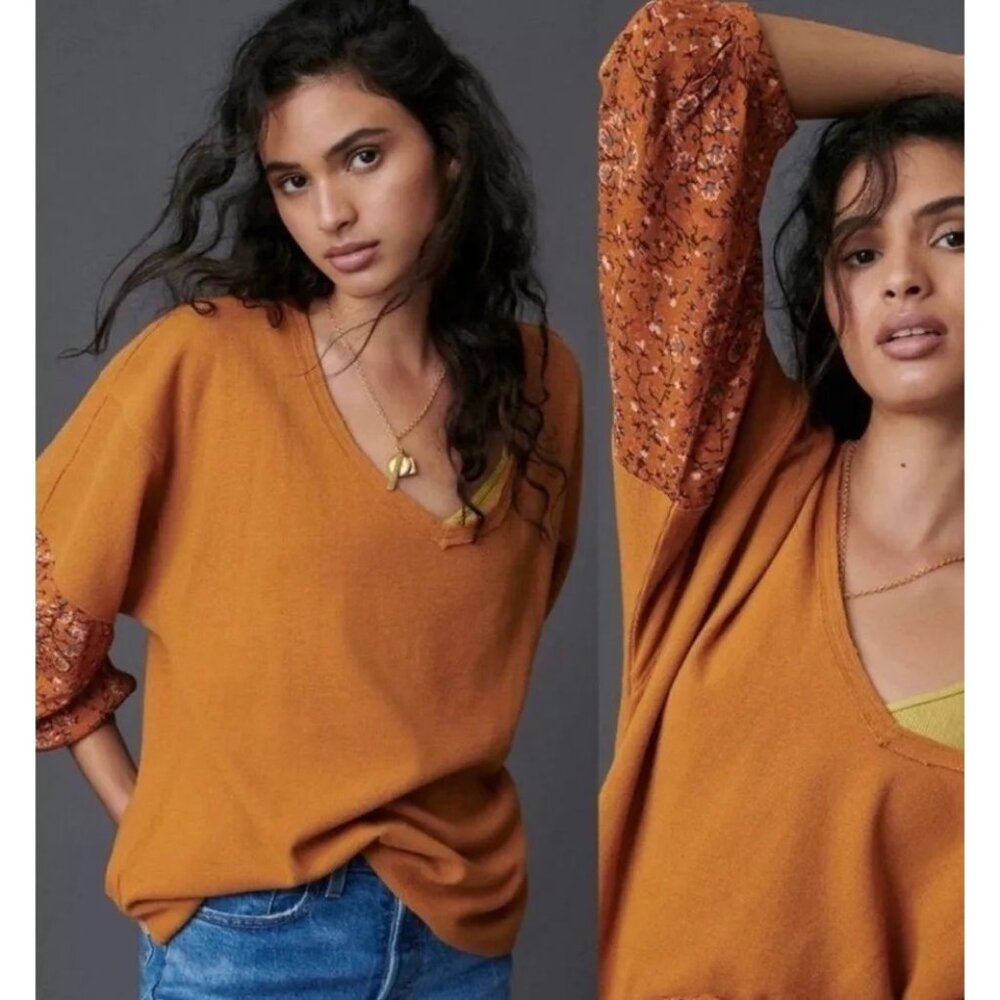 Anthropologie Orange Tunic with Patterned Sleeves